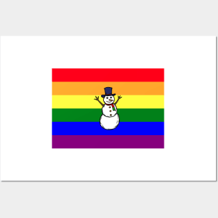 A hand drawn of a gay snowman on rainbow pride flag background, Posters and Art